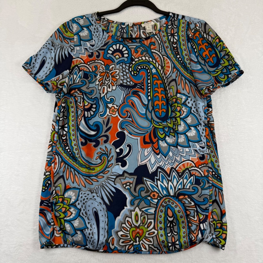 J.Crew Womens Paisley Short Sleeve Blouse Blue Orange B5940 XS